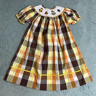 Thanksgiving Smocked Dress Size 2T Brown Plaid Owls Made By Five Little Monkeys • $22