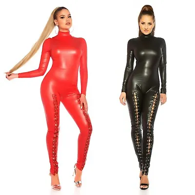 Sexy Black Red Leather Look Skinny Jumpsuit Catsuit S M Lace Up Eyelets Stretchy • £34.95