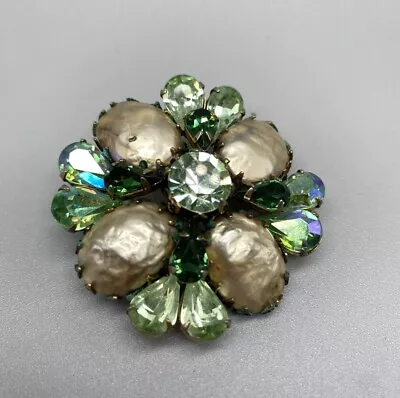 Vintage Regency Pin Brooch 2  GREEN  Rhinestones Large Faux Pearls • $38