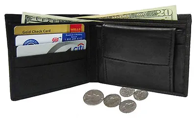 BLACK LEATHER BIFOLD MEN'S WALLET Change Pocket Coin Card Holder US Seller • $11.11