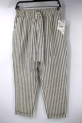 NWT Zara Pants Women's XS High Waist Striped Belted Cotton Casual • $24.91