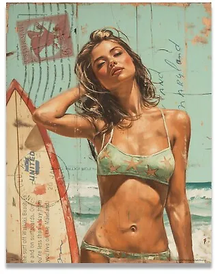 Vintage Surfing Poster Art Print Pinup Girl Surfboard Beach House Wall Art Decor • $9.95