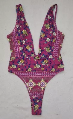 Zaful Pink Floral High Leg Plunge Swimming Costume Size 8 / S Swimsuit • £9.50