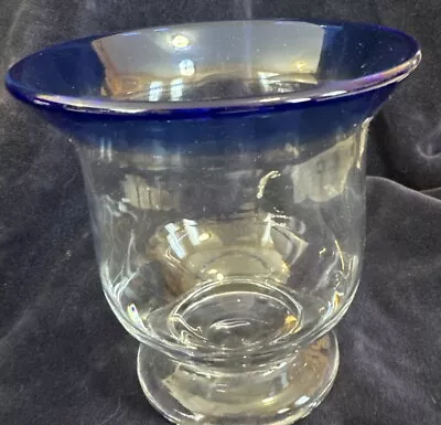 Vintage Colbolt Blue Rim Clear Hand Blown Glass Vase Art Glass Decor.  5.5” • $20.62