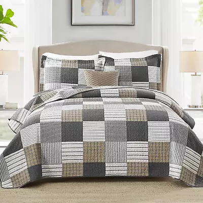 Quilt King Size - 100% Cotton Plaid King Size Comforter Set Farmhouse Quilt Bedd • $146.99