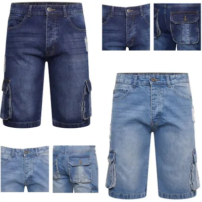 Mens Denim Shorts Cargo Combat Casual Jeans Knee Length Summer Pants Pockets New • £15.95