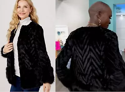 NEW Nina Leonard Long Sleeve Faux Fur Chevron Bolero Jacket MINK BLACK SZ XL • $28
