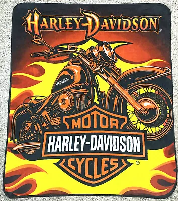 $30 • Buy Harley-Davidson Fleece Throw Blanket - Black Orange Flames - Motorcycle Graphic