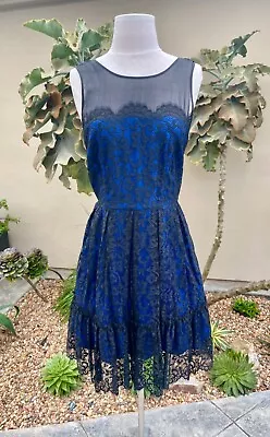 Moulinette Soeurs Anthropologie Black Lace / Blue Cocktail Party Dress Size 10 • $29.95