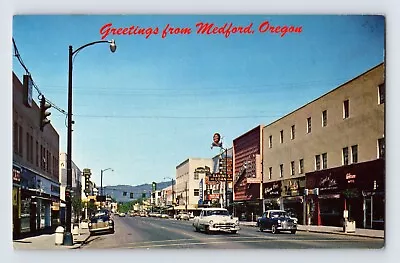 Postcard Oregon Medford OR Main Street Downtown Car Auto 1950s Unposted Chrome • $8