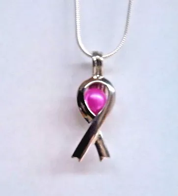 Make A Wish Pearl Cage Pendant Necklace - Awareness Ribbon - 925 Chain+Pearl • $11.95