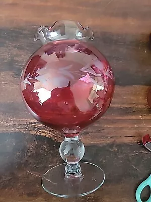  Vintage Cranberry Glass Globe Hand Blown Ruffled Vase Etched Cut  Pedestal • $10