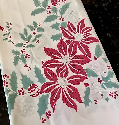 $29.99 • Buy Vintage Print Cotton Tablecloth 96x60 Poinsettias Bells Ornaments Large Size