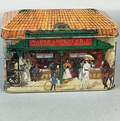Vintage Victorian Street Scene Marks  & Spencer Metal Fruit Drops Sweet Tin • £0.99