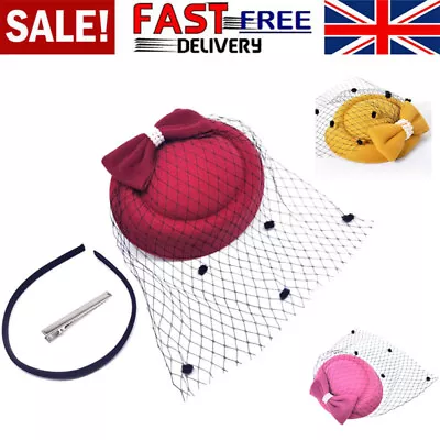 £8.78 • Buy Royal Pillbox Hat Mesh Veil Fascinator Cap Headpiece Clip Wedding Party Hat ~