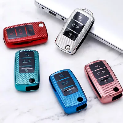 $13.49 • Buy Carbon Fiber TPU Car Flip Key Fob Holder Case Cover For Volkswagen VW Golf Jetta