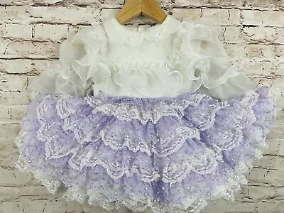 VTG Tiered Ruffle Lace Fussy Frilly Full Circle Baby Dress Purple White Spring • $140