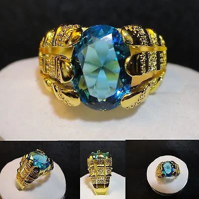 Men's Deluxe 18k Yellow Gold Filled Blue Topaz Crystal Ring Various Sizes  /UK • £19.99