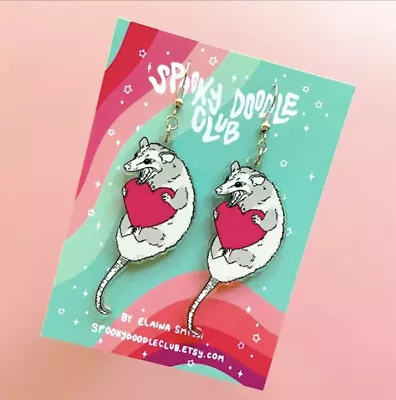 Acrylic Opossum Mouse Heart Earrings Dangle Drop Jewelry Novelty Punk Rock • $7.28