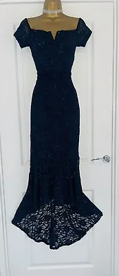 QUIZ Elegant Navy Lace Sparkly Dipped Hem Evening Cocktail Party Dress Sz 14 • £39.99