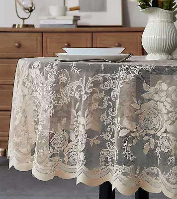 60 X 84 Lace Tablecloth Golden Linen Oval With English Rose Design For 6-8 Guest • $28.01
