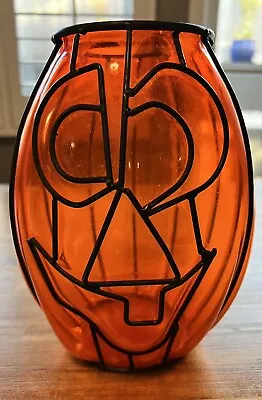 Vintage Halloween Pumpkin Jack-O-Lantern Orange Glass & Iron 9” Candle • $29.99