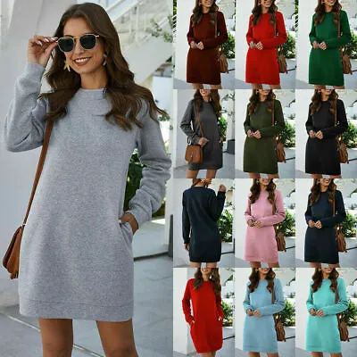 £10.99 • Buy Womens Casual Long Sleeve Mini Hoodie Dress Sweatshirt Jumper Dress Plus Size