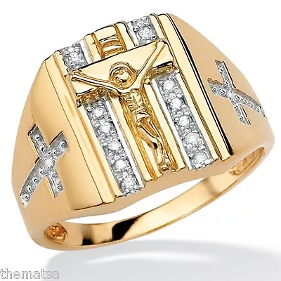 Mens 18k Gold Over Sterling Silver Crucifix Cross Diamond Ring 910111213 • $299.99