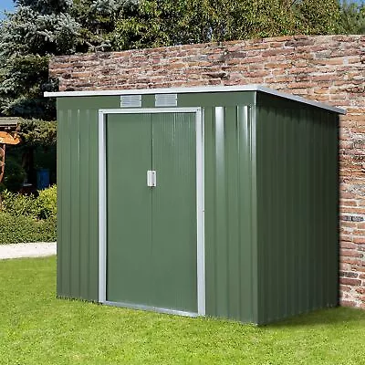 7 X 4ft Lean To Metal Garden Storage Shed W/ Doors Vents Sloped Roof Green • £210.99