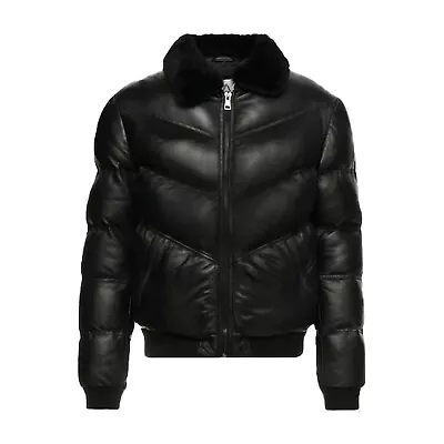 Puffer Jacket Black Real Lambskin Leather Puffer Jacket Men's With Fur Collar • $129