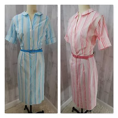 1960s OVintage SHIRTDRESS Cotton Pinup Pencil Waitress Novelty Pink Or Blue M • $49.95