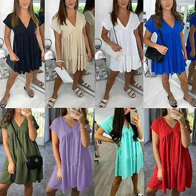 Women Ladies V-Neck Frill Layered Pleated Summer Smock Swing Mini Dress Top • £14.99