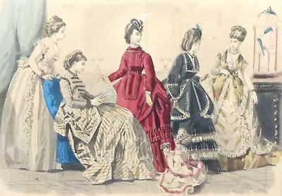 Antique 10x11  February 1870 Hand Colored Fashion Plate Les Modes • $24.50