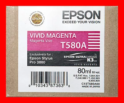 06-2019 Genuine Epson Pro 3880 T580A  T580A00 Vivid Magenta Printer Ink New • $53.89