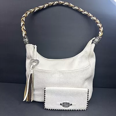 Brighton BARBADOS Purse Bag Pearl Pebbled Leather Hobo Braided Strap Off White • $60