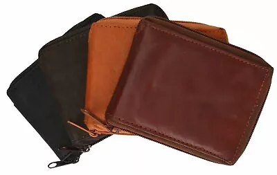 Men's Genuine Leather Zipper Zip-Around Organizer Bifold Wallet Black Brown Tan! • $11.99