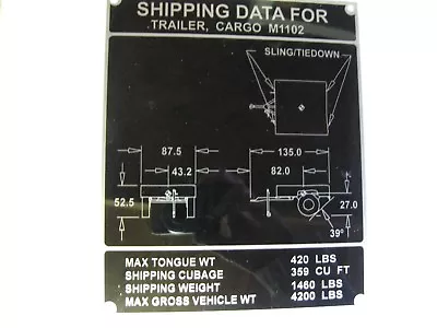 Military M1102 Trailer Shipping Data Plate NOS • $9.95