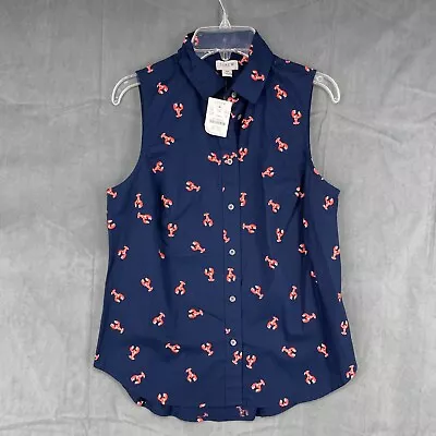 J.Crew Shirt Womens Small Navy Blue Lobster Button Up Sleeveless Collared Cotton • $26.99