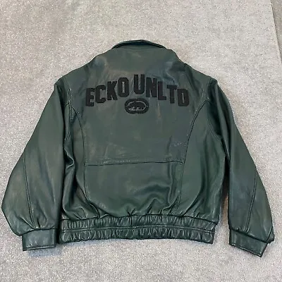 VTG ECKO UNLTD Leather Jacket Mens XL Green Full Zip Skate Bomber Logo USA Y2K • $169.99