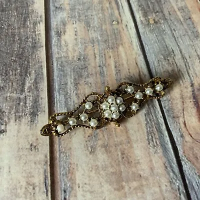 Vintage Gold Filigree And Faux Pearl Bar Brooch Pin • $8.50