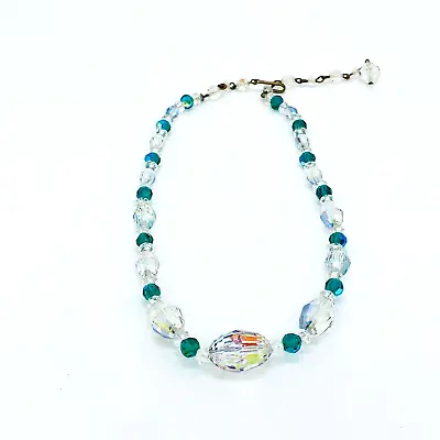 Vintage Crystal AB And Green Bead Necklace Faceted 28 Inches With Extender • $14.97