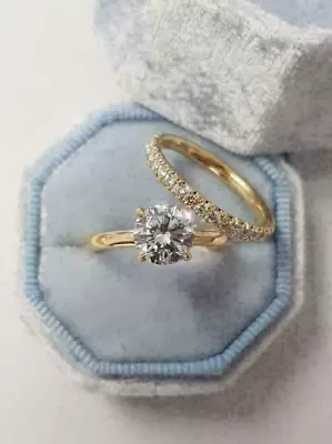 1.2 Ct Solitaire Round Cut Moissanite Engagement Ring Set 14k Yellow Gold Plated • $106.99