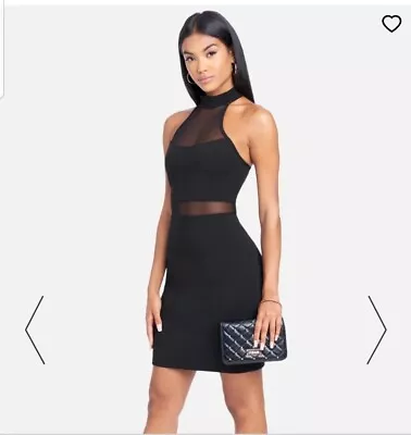 BEBE Illusion Mesh Cut Out Mini Halter Dress Black Sleeveless Women's Size M • $42.84