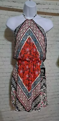 Express Women's Small Boho Print Tie Neck Halter Mini Short Dress Elastic Waist • $14.99