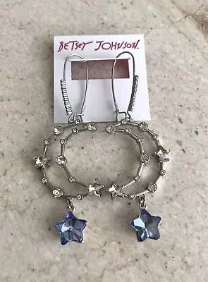 Betsey Johnson Silver Tone Open Frame Moon Drop Earrings Crystal Star Accents • $32