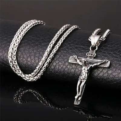 Christian Jesus Cross Necklace For Women Men Jewelry Gift Stainless Steel Silver • $9.95