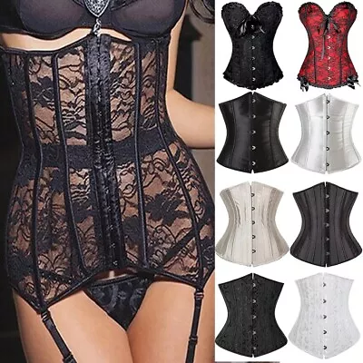 Women Sexy Overbust Boned Corset Burlesque Basque Top Lace-Up Bustier Underbust • £7.79