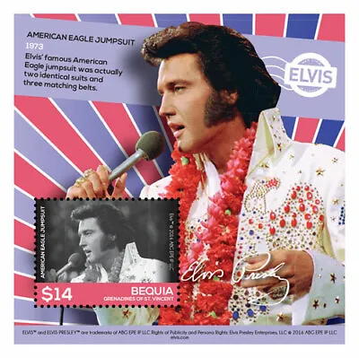 BEQUIA 2016 - Elvis - American Eagle Jumpsuit - Souvenir Sheet - MNH • $7