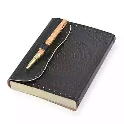 Black Genuine Leather Flower Embossed Journal With Wooden Pen Paper Notebook • $15.38