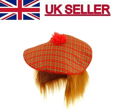 Tartan Hat And Ginger Hair Wig Tam O Shanter Scottish Scots Fancy Dress. • £4.19